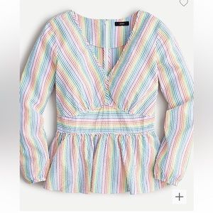V-neck peplum top in rainbow seersucker size 8. Never worn with tags
